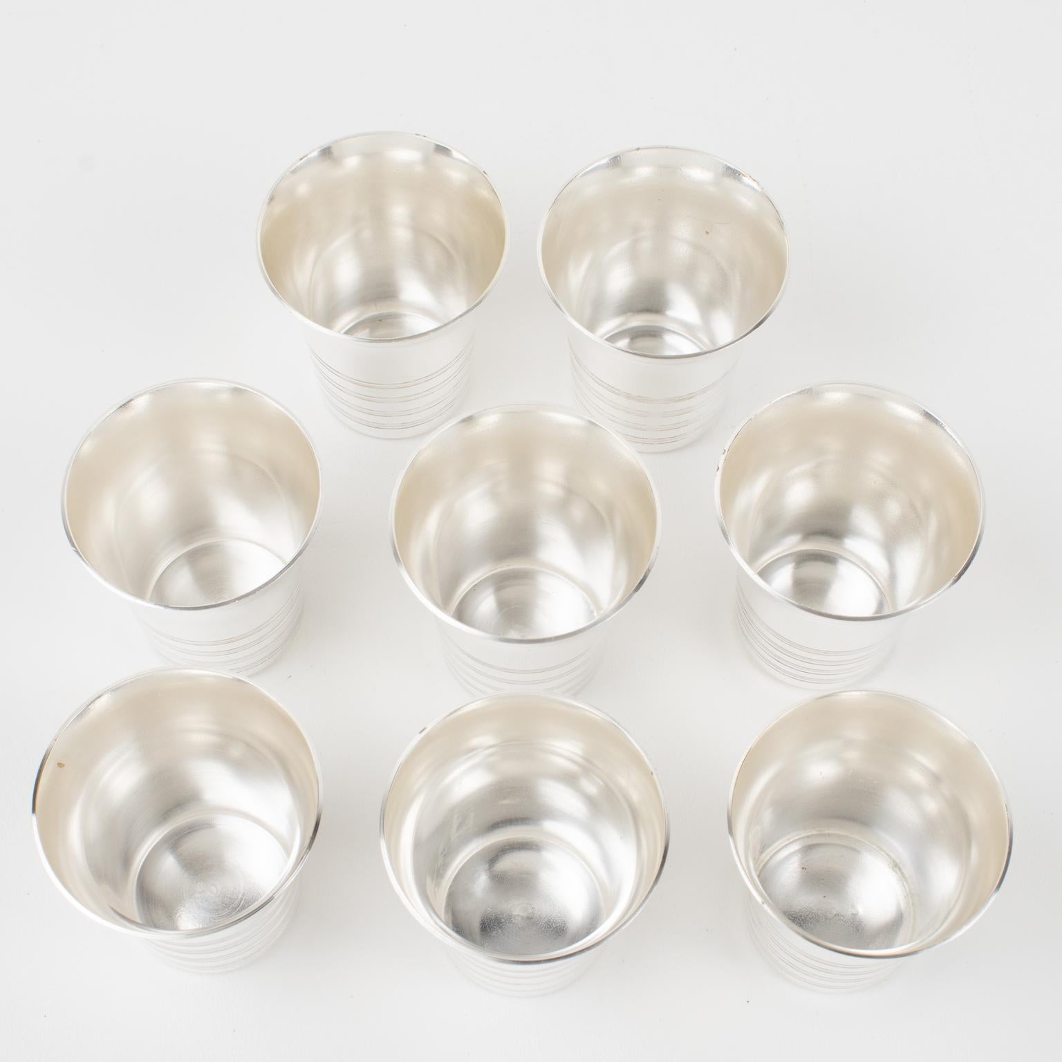 Art Deco Silver Plate Cocktail Shaker and Eight Barware Glasses, France 1940s For Sale 7