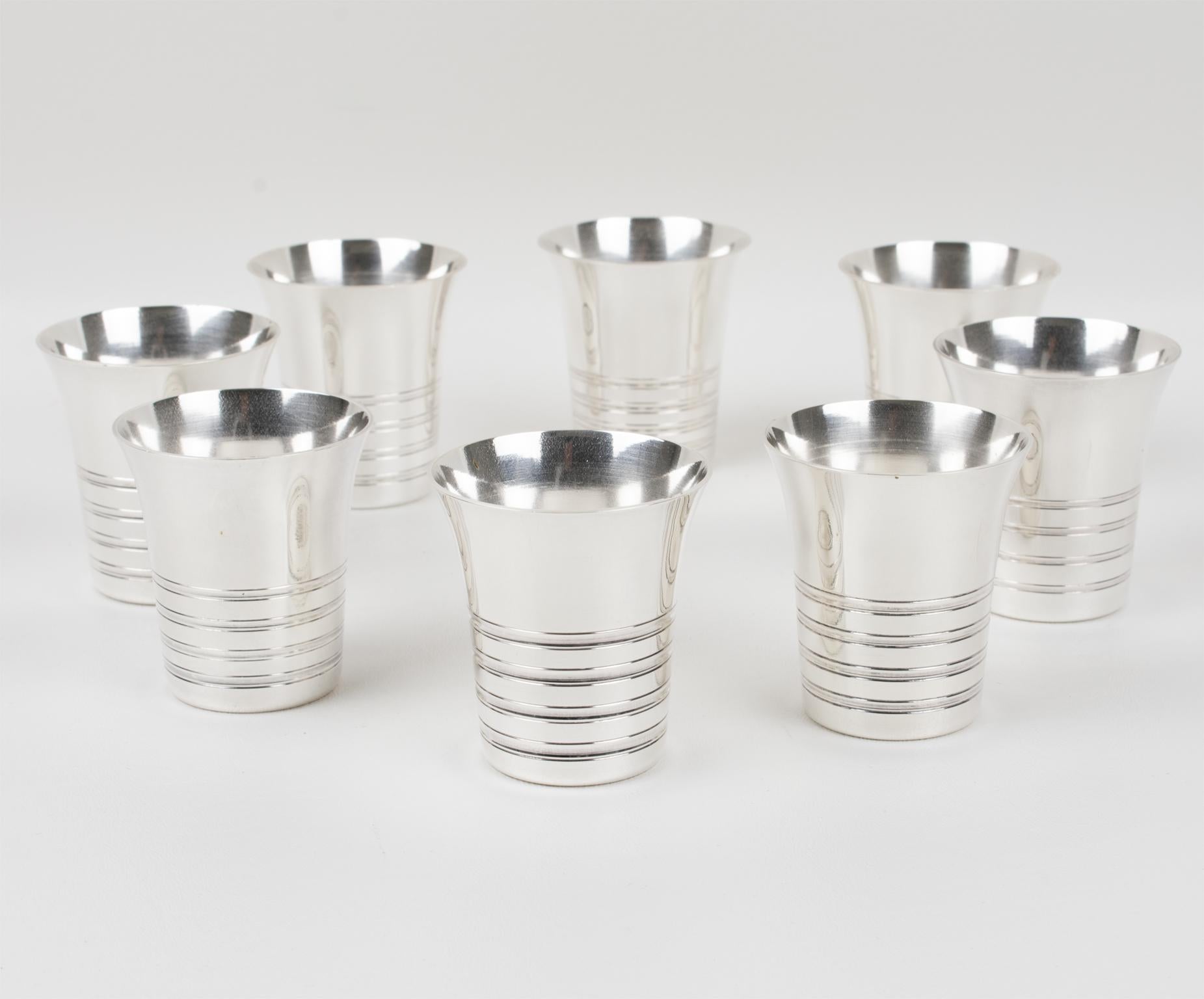Art Deco Silver Plate Cocktail Shaker and Eight Barware Glasses, France 1940s For Sale 7
