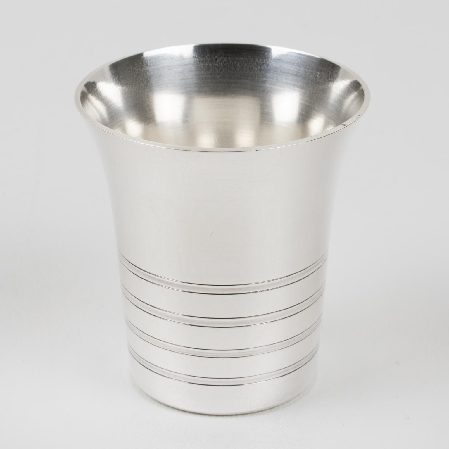 Art Deco Silver Plate Cocktail Shaker and Eight Barware Glasses, France 1940s For Sale 9
