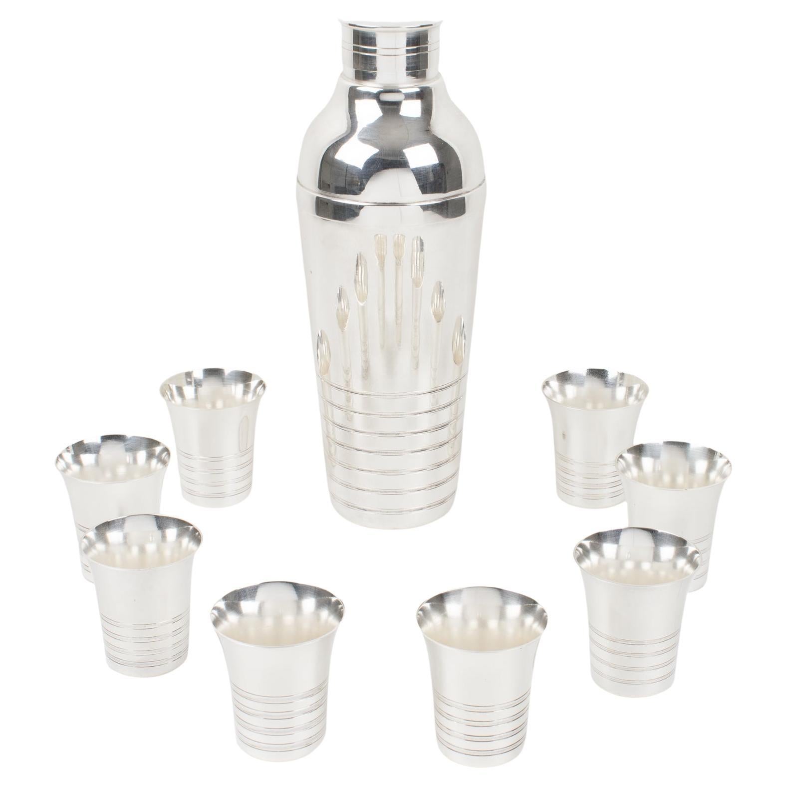 Art Deco Silver Plate Cocktail Shaker and Eight Barware Glasses, France 1940s