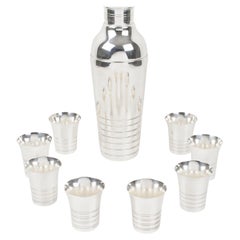 Art Deco Silver Plate Cocktail Shaker and Eight Barware Glasses, France 1940s