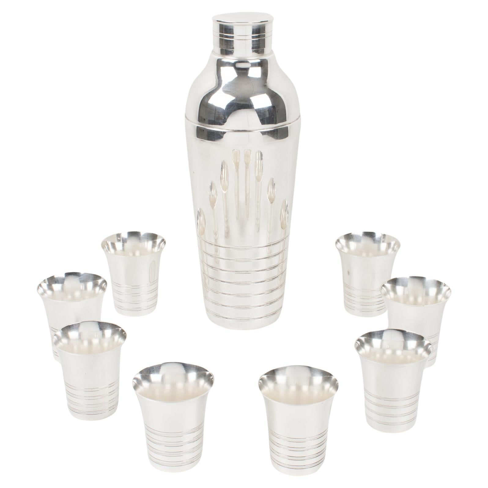 Art Deco Silver Plate Cocktail Shaker and Eight Barware Glasses, France 1940s For Sale