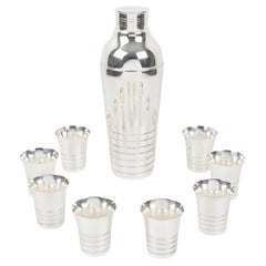 Art Deco Silver Plate Cocktail Shaker and Eight Barware Glasses, France 1940s
