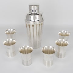 Art Deco Silver Plate Cocktail Shaker and Six Barware Glasses, circa 1940