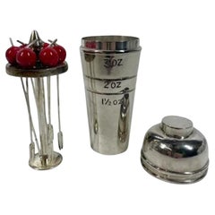 Art Deco Silver Plate Cocktail Shaker Shaped Spirit Measure, Set of Picks Inside