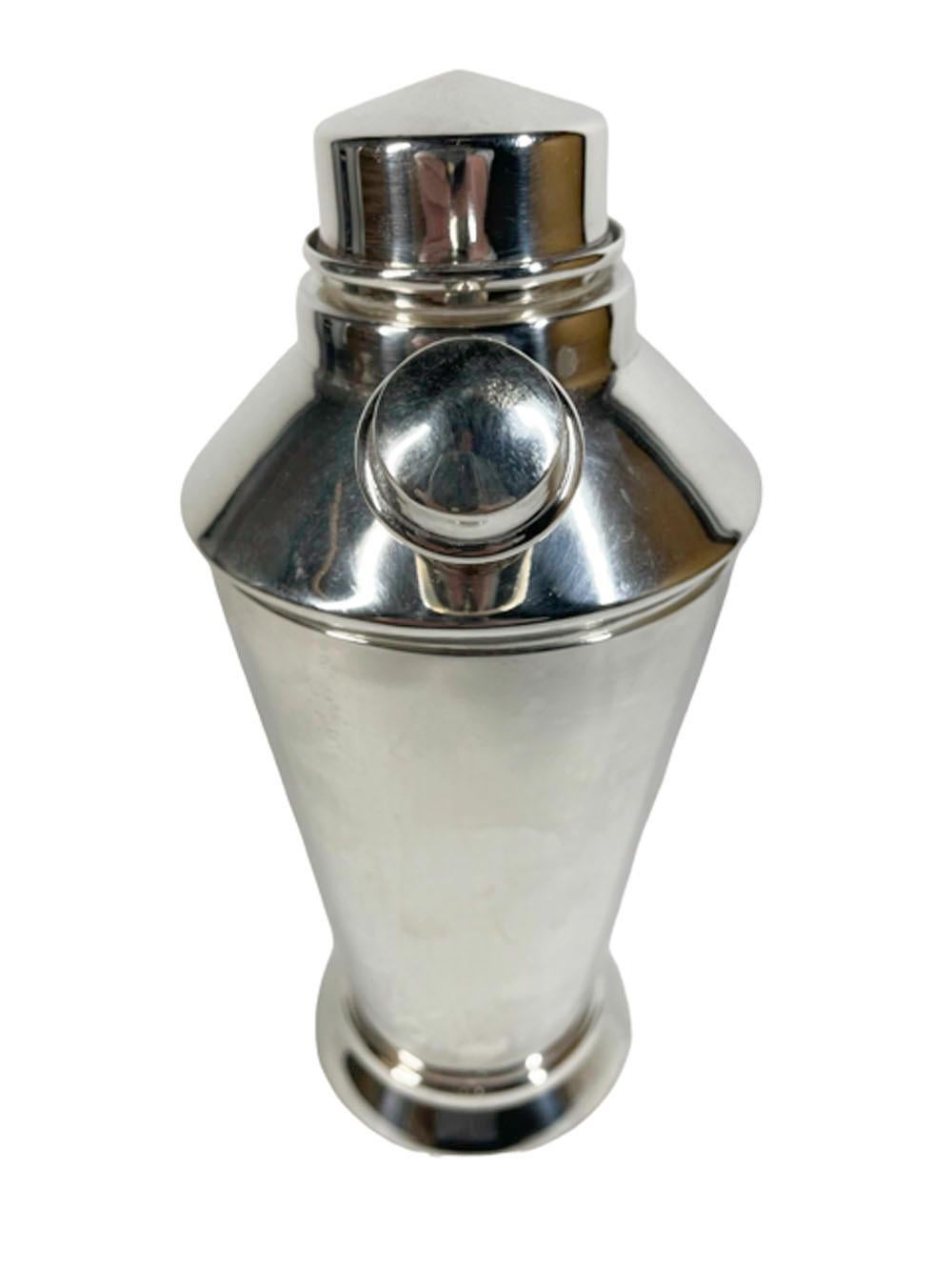 English Art Deco Silver Plate Cocktail Shaker with Center Pour and Side Spout Lid For Sale