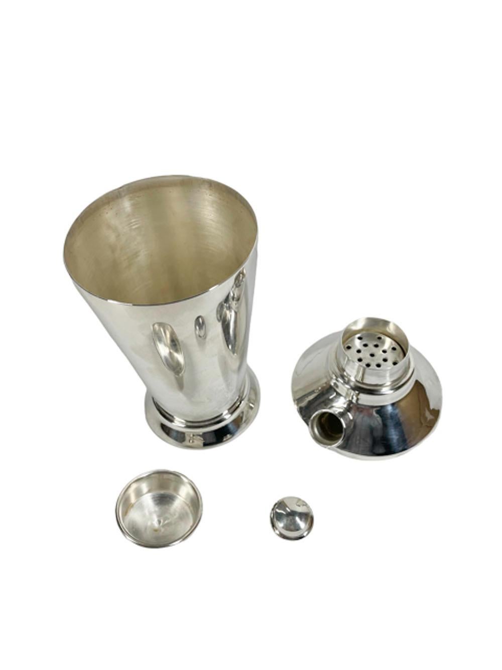 Art Deco Silver Plate Cocktail Shaker with Center Pour and Side Spout Lid For Sale 2