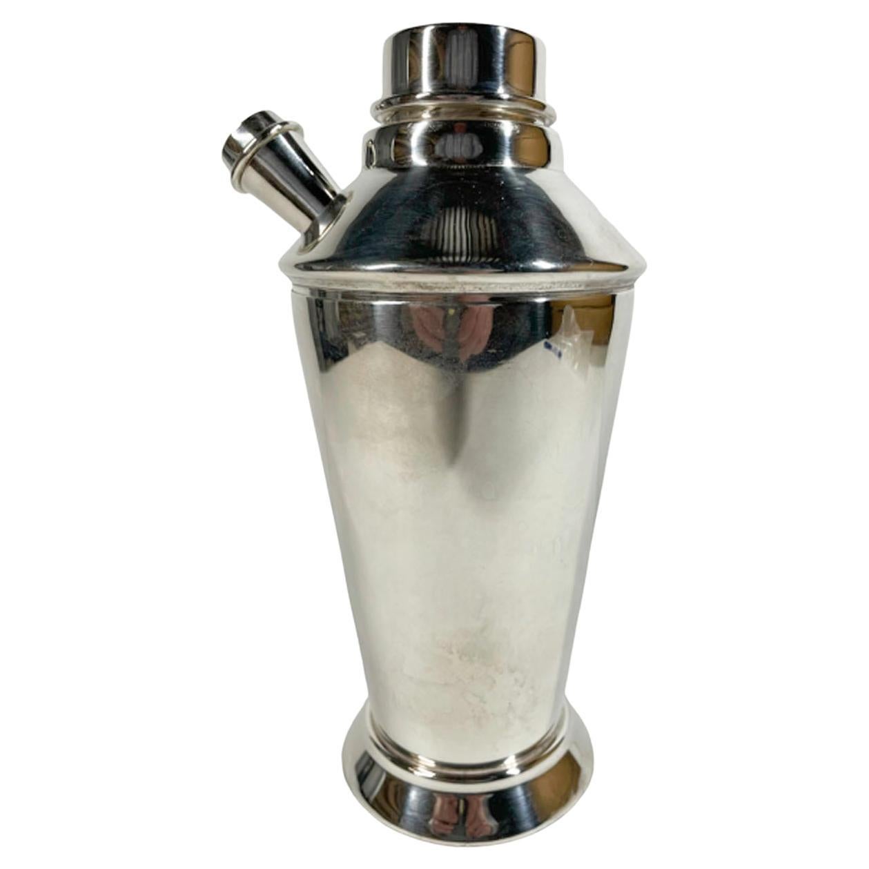 Art Deco Silver Plate Cocktail Shaker with Center Pour and Side Spout Lid For Sale