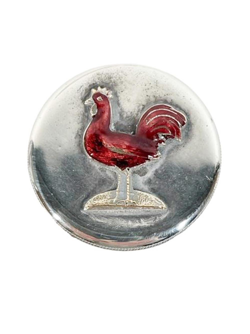 Art Deco Silver Plate Handled Cocktail Shaker with Enameled Rooster on Lid For Sale 5