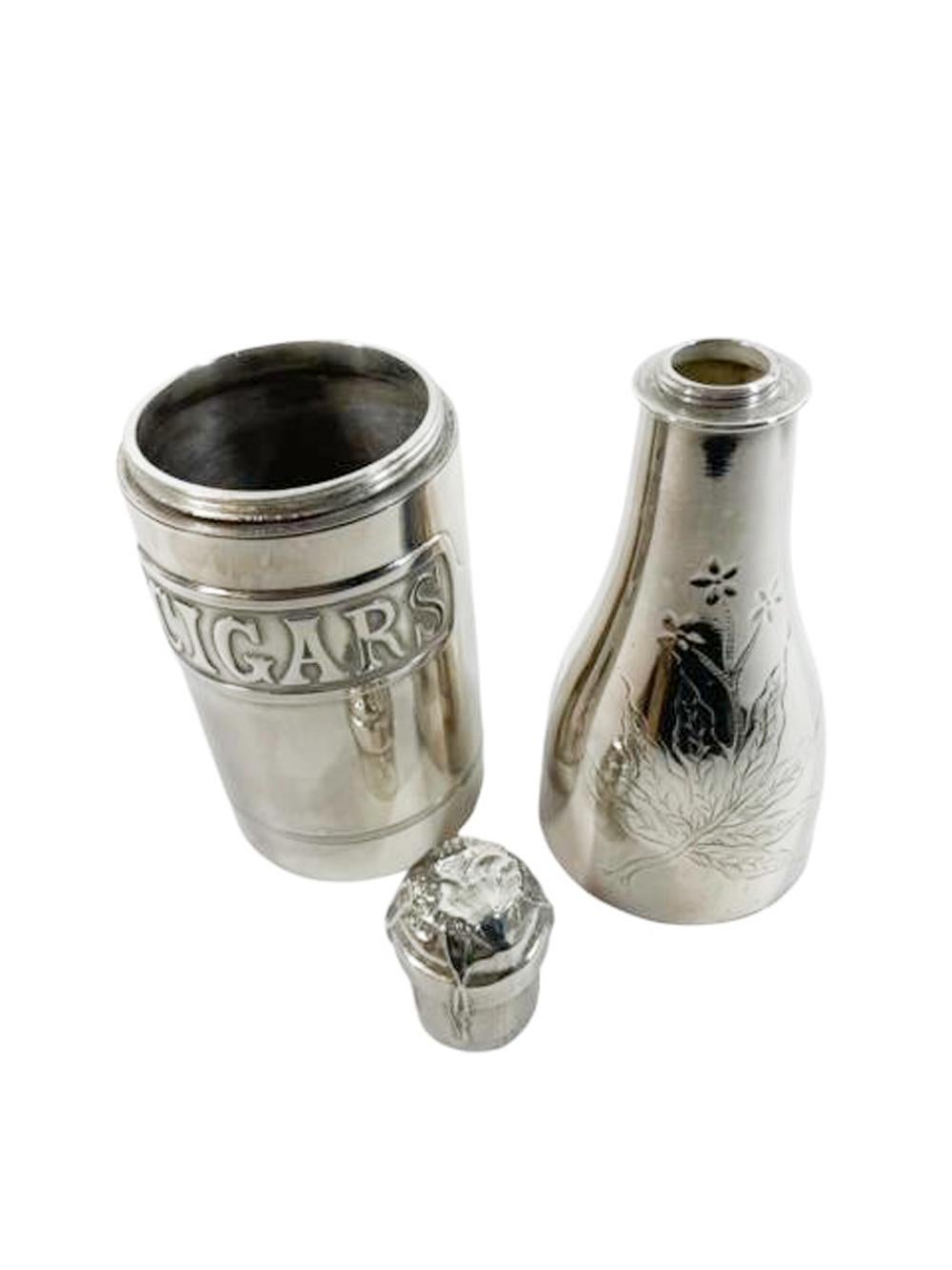 American Art Deco Silver Plate Humidor by Pairpoint in the Form of a Champagne Bottle