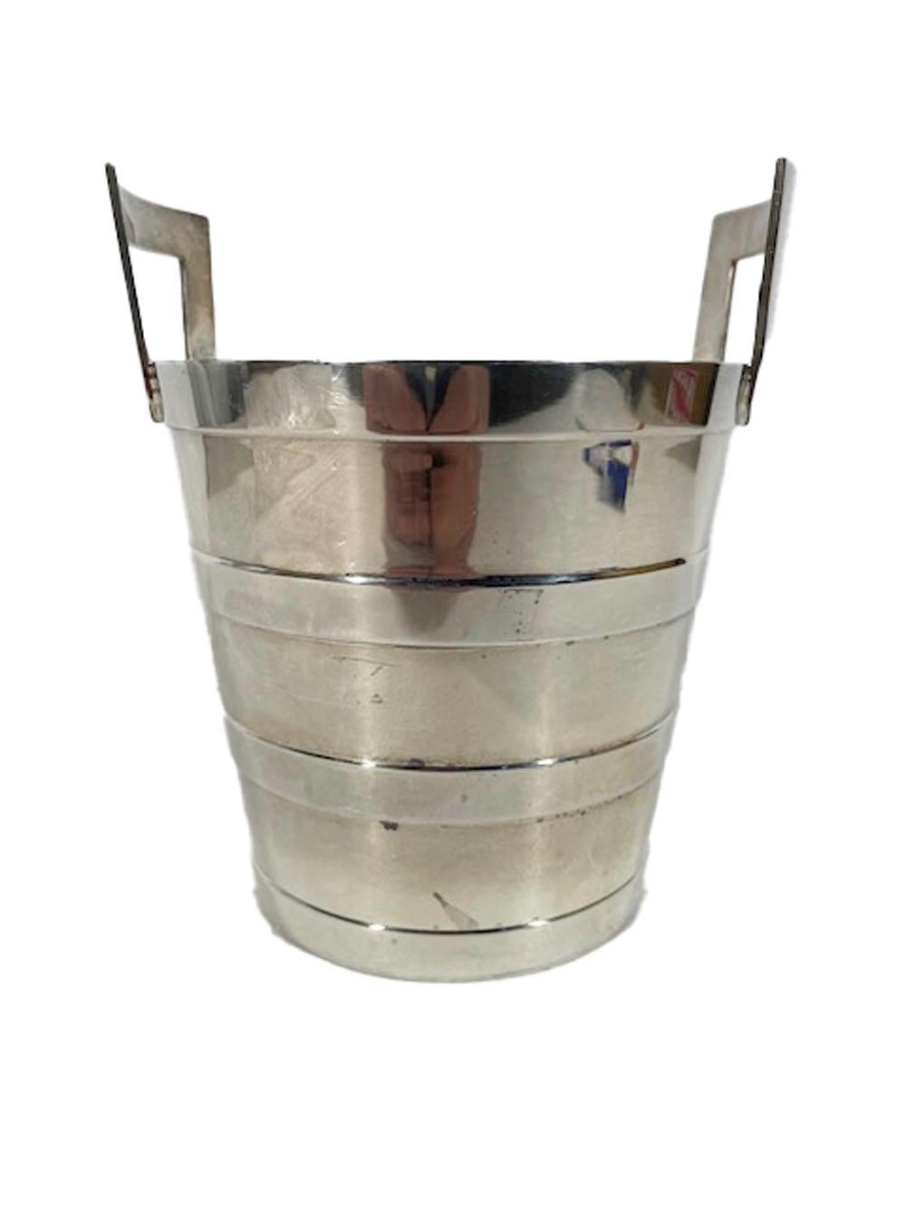 Art Deco silver plate ice bucket in the form of a banded, staved wooden pail or tub with raised, fixed square handles. Made by Walker & Hall, Sheffield, England.
