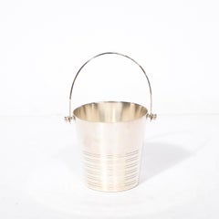 Art Deco Silver Plate Ice Bucket with Curved Handle and Banded Detailing