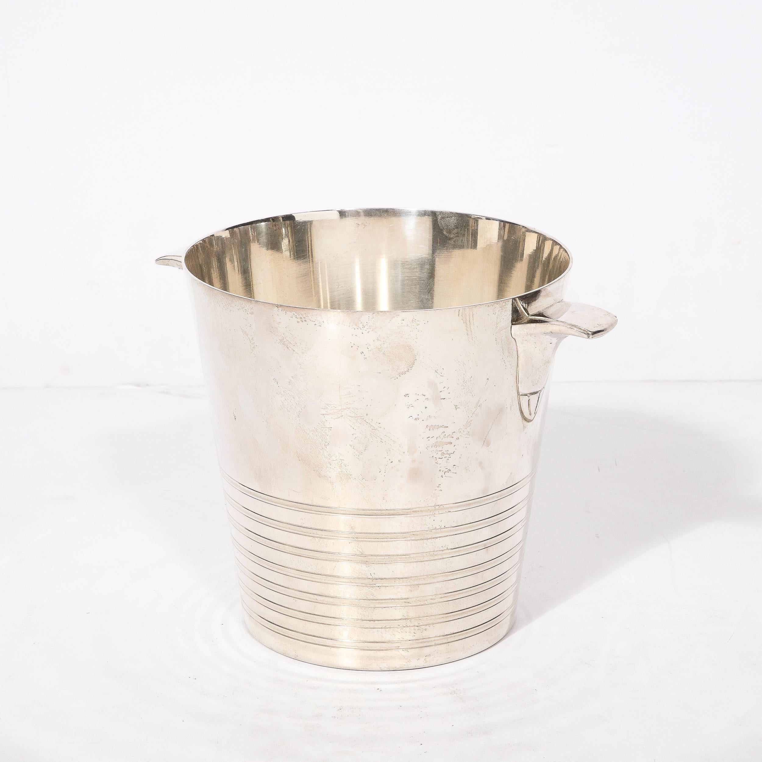 Sterling Silver Art Deco Silver Plate Ice Bucket with Curved Handles and Banded Detailing For Sale