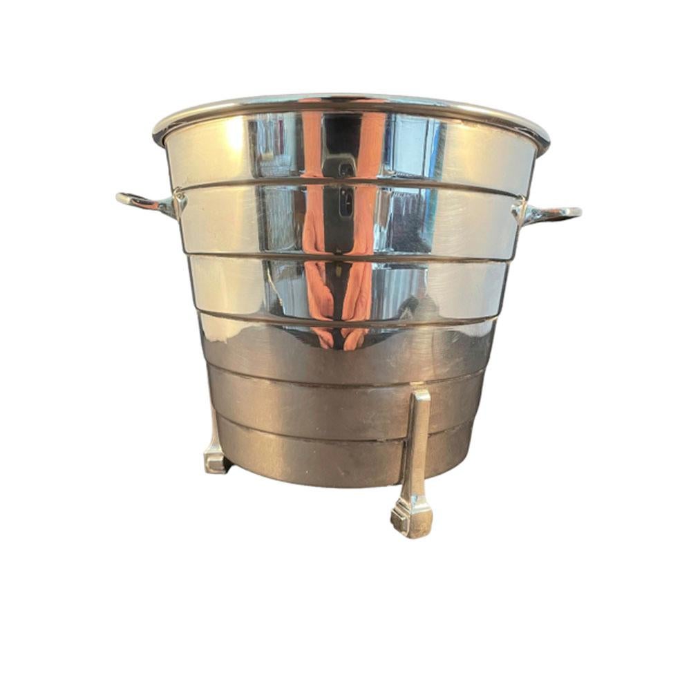 Fine Art Deco silver plate ice bucket by P. H. Vogel of stepped tapered form with loop handles and raised on square legs with block feet. Also, retaining its removable pierced ice guard.