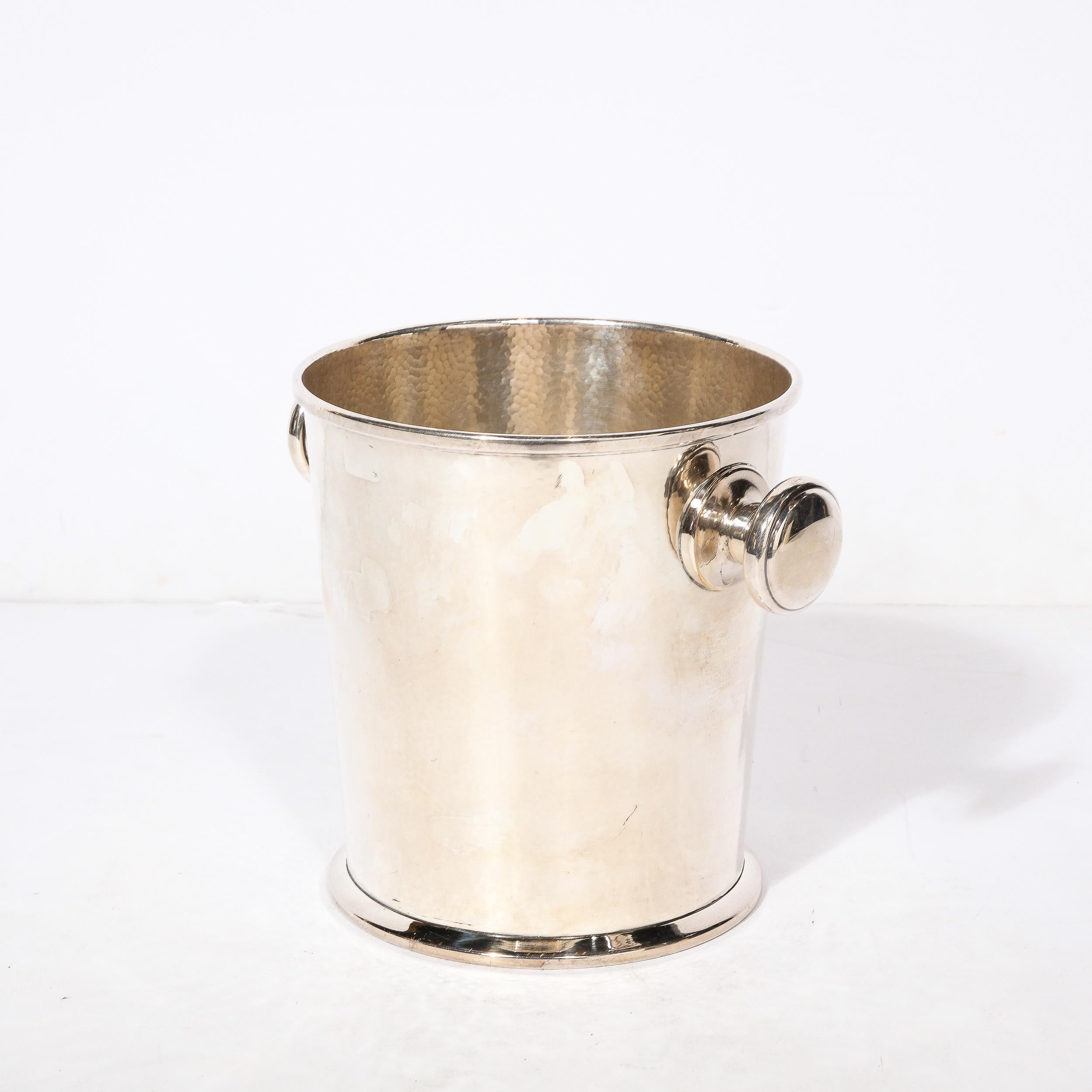Art Deco Silver Plate Ice Bucket with Rounded Handles and Hammered Detailing For Sale 4