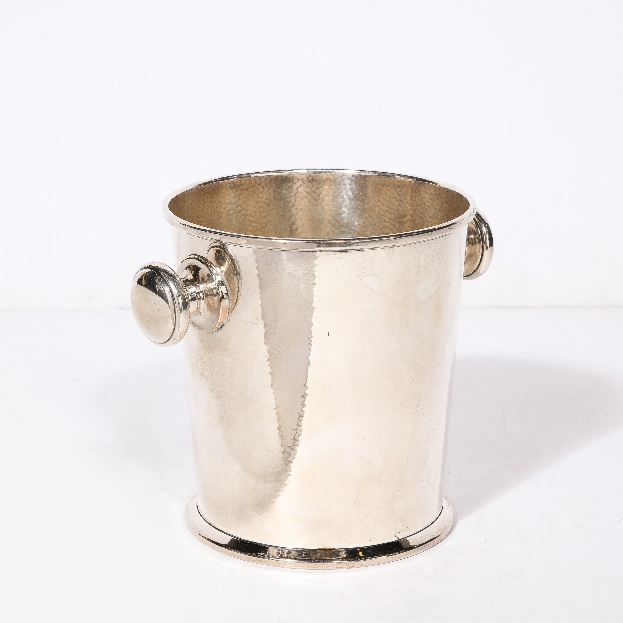 Art Deco Silver Plate Ice Bucket with Rounded Handles and Hammered Detailing For Sale 9