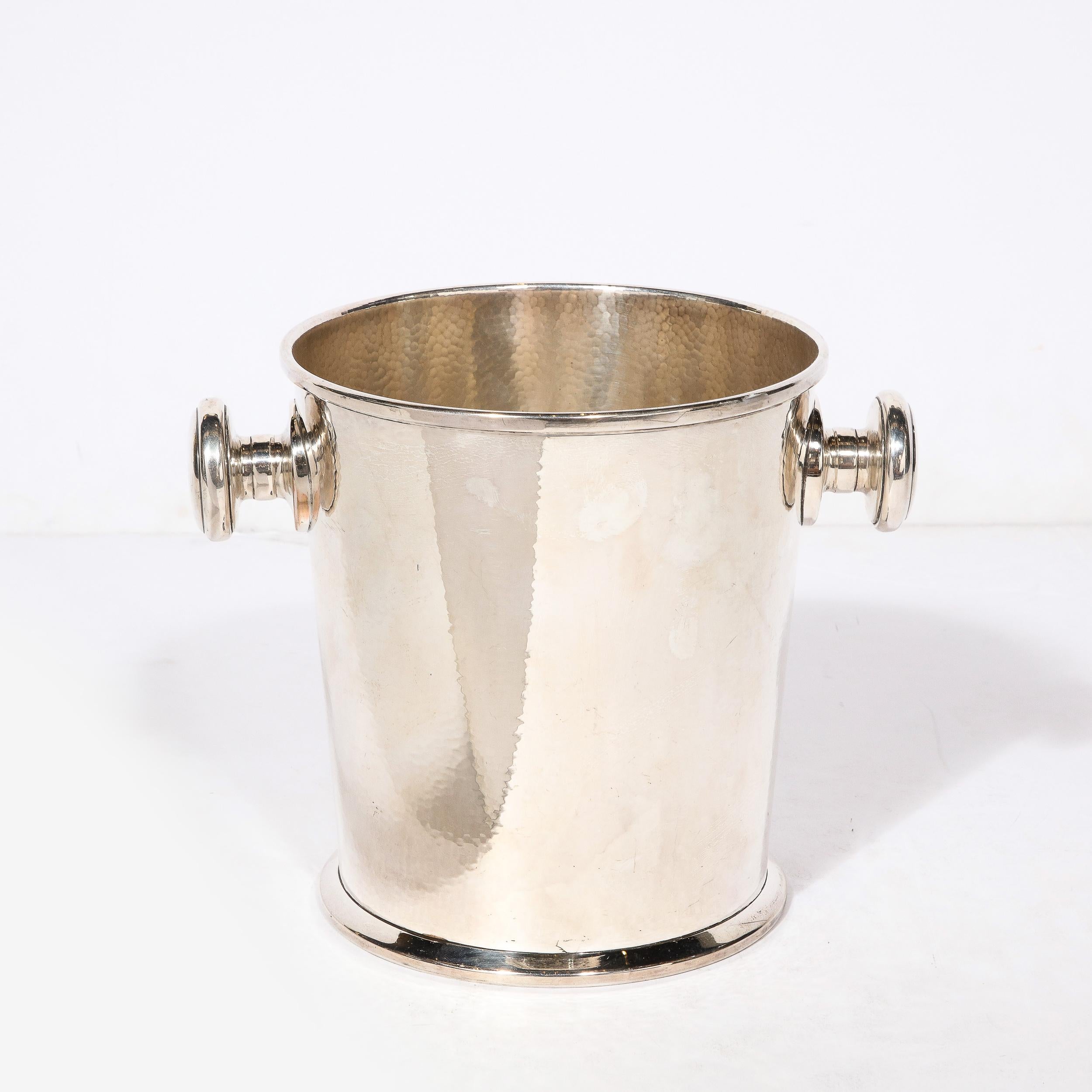 Art Deco Silver Plate Ice Bucket with Rounded Handles and Hammered Detailing For Sale 10