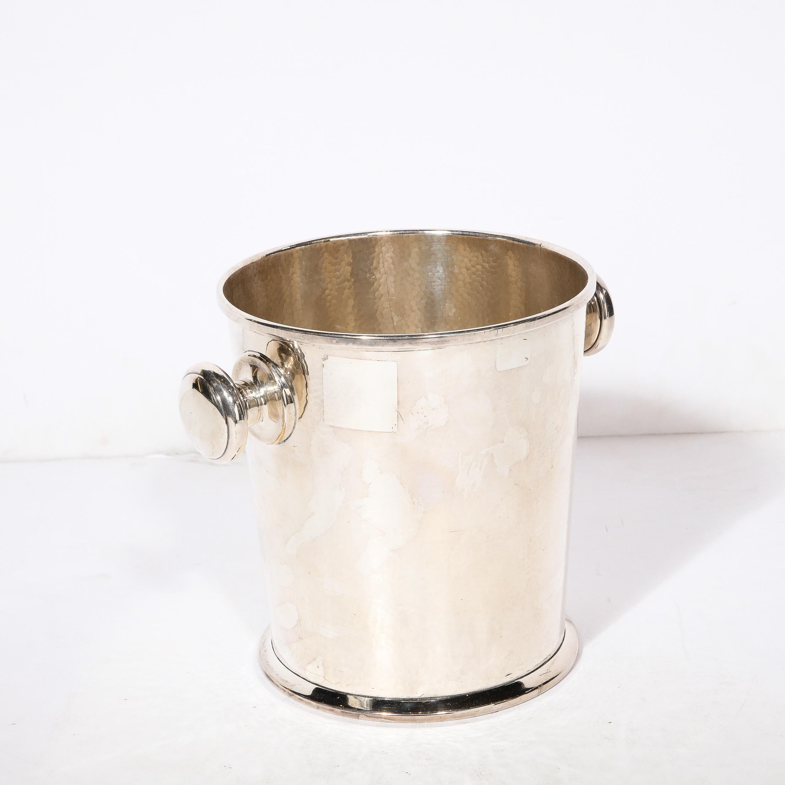 French Art Deco Silver Plate Ice Bucket with Rounded Handles and Hammered Detailing For Sale