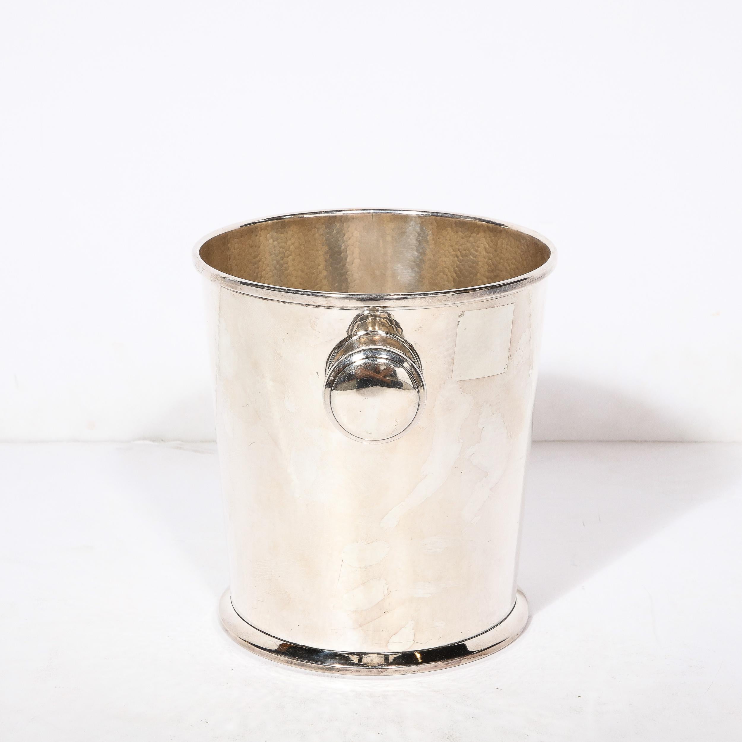 Art Deco Silver Plate Ice Bucket with Rounded Handles and Hammered Detailing In Excellent Condition For Sale In New York, NY