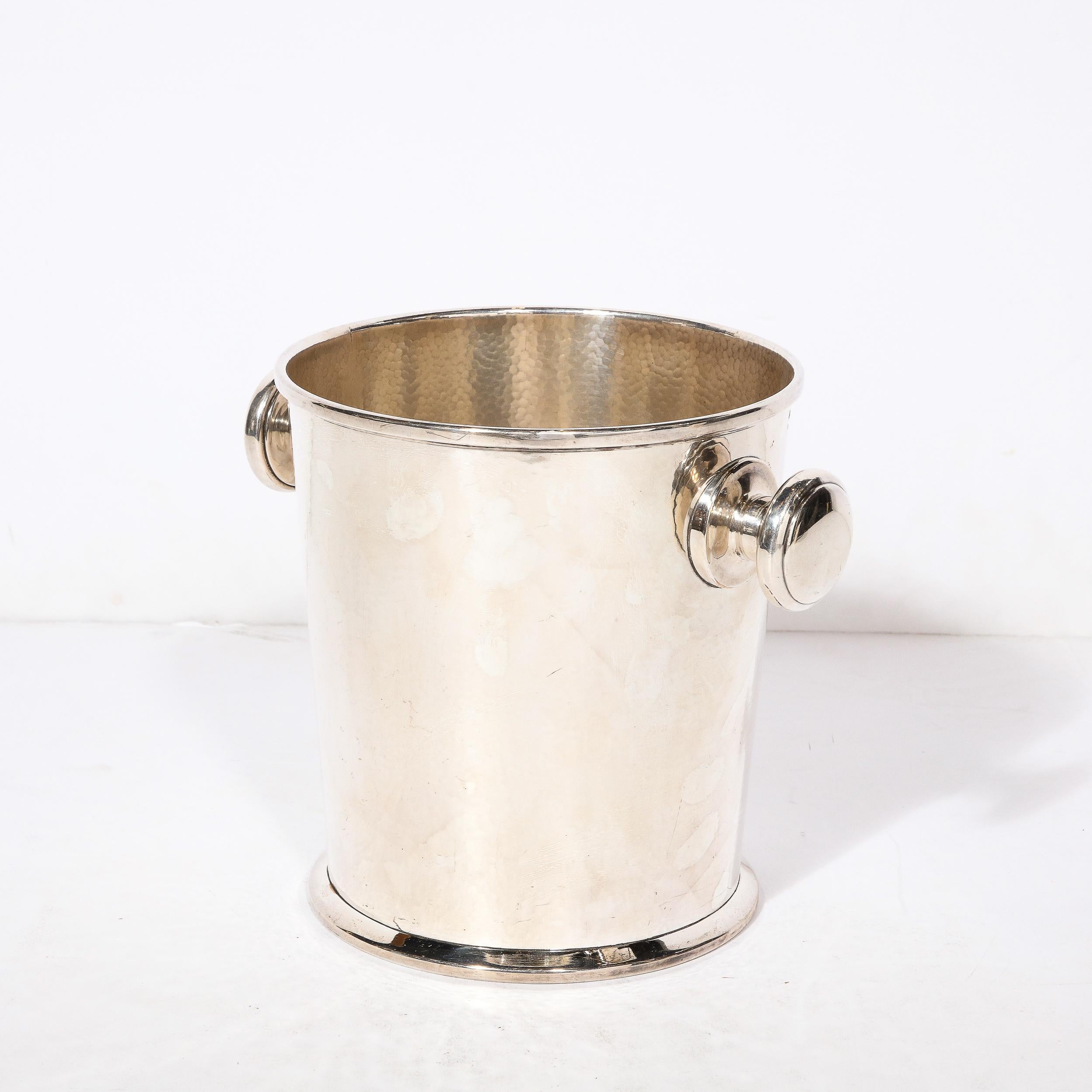 Mid-20th Century Art Deco Silver Plate Ice Bucket with Rounded Handles and Hammered Detailing For Sale