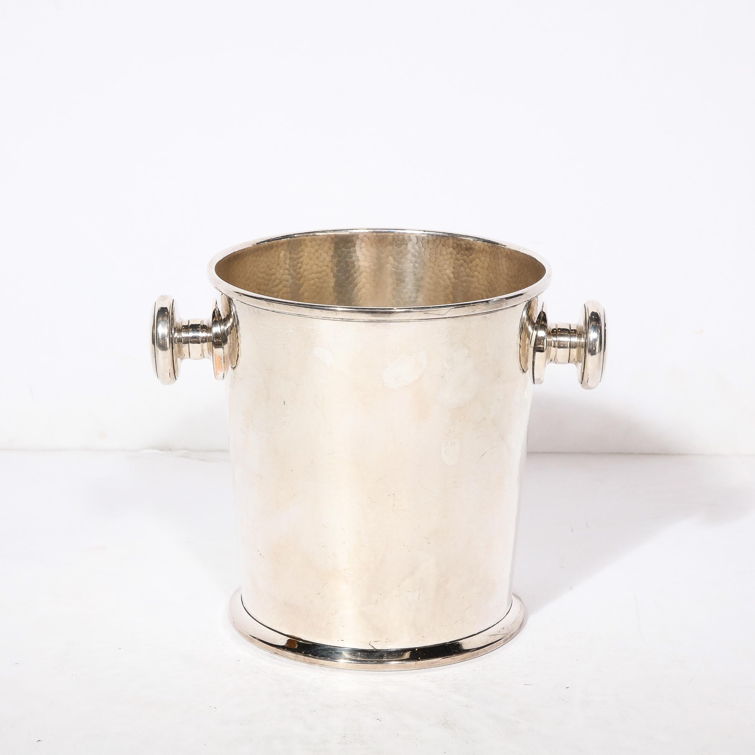 Sterling Silver Art Deco Silver Plate Ice Bucket with Rounded Handles and Hammered Detailing For Sale