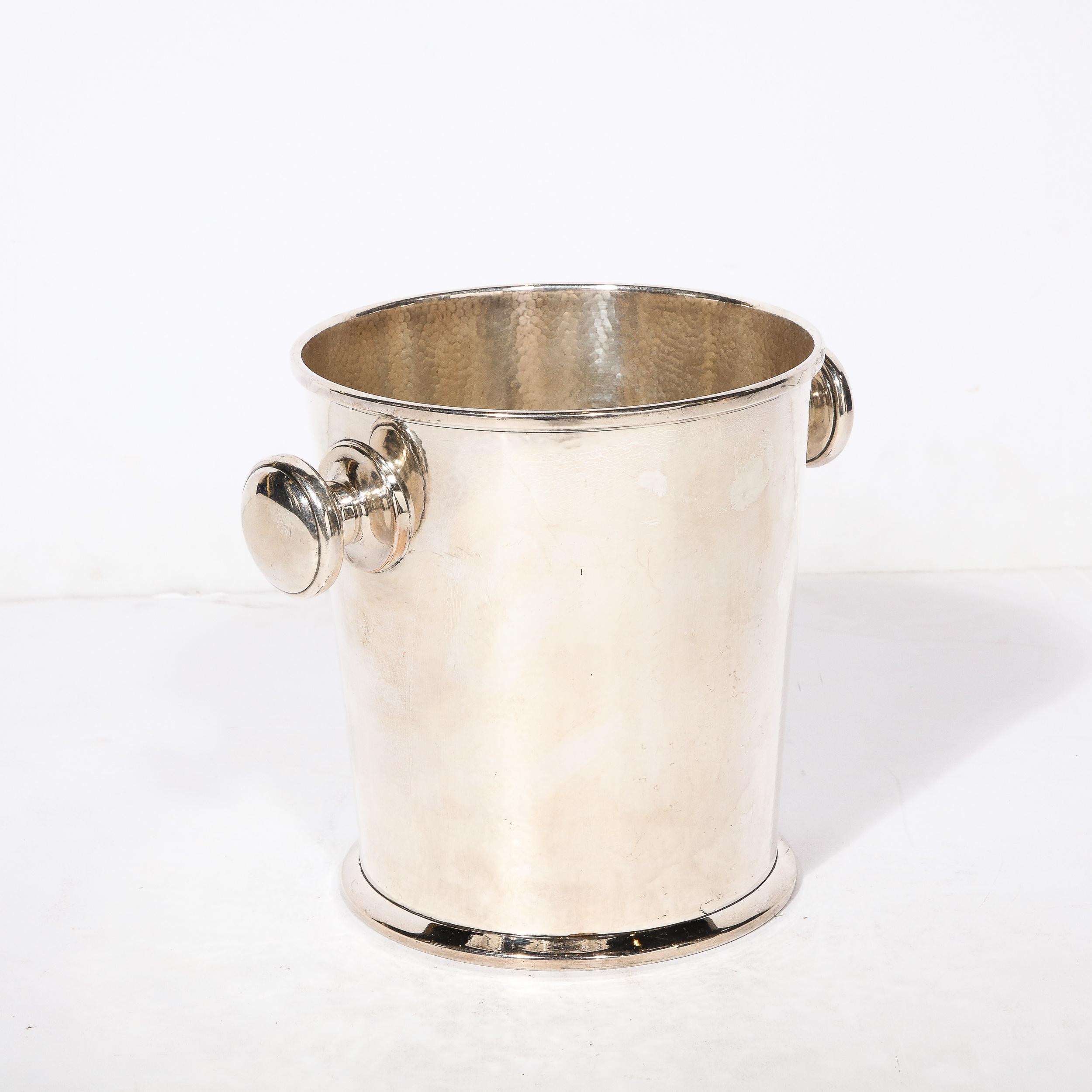 Art Deco Silver Plate Ice Bucket with Rounded Handles and Hammered Detailing For Sale 1