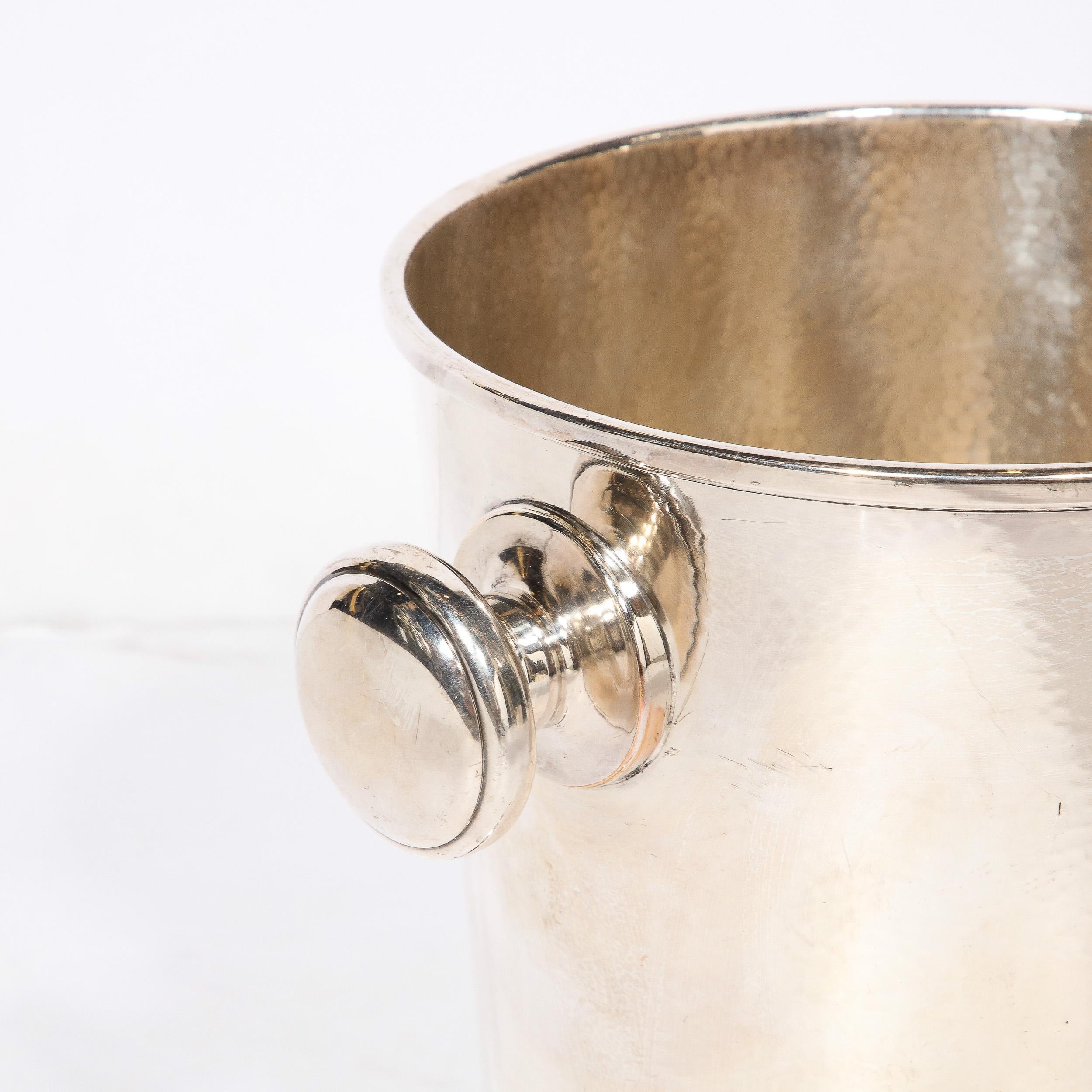 Art Deco Silver Plate Ice Bucket with Rounded Handles and Hammered Detailing For Sale 2