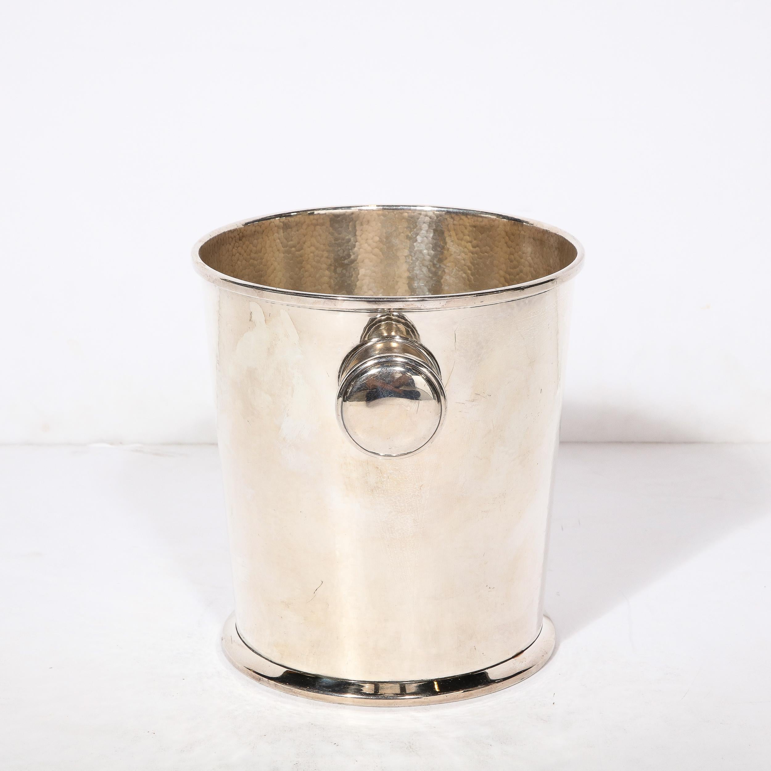 Art Deco Silver Plate Ice Bucket with Rounded Handles and Hammered Detailing For Sale 3