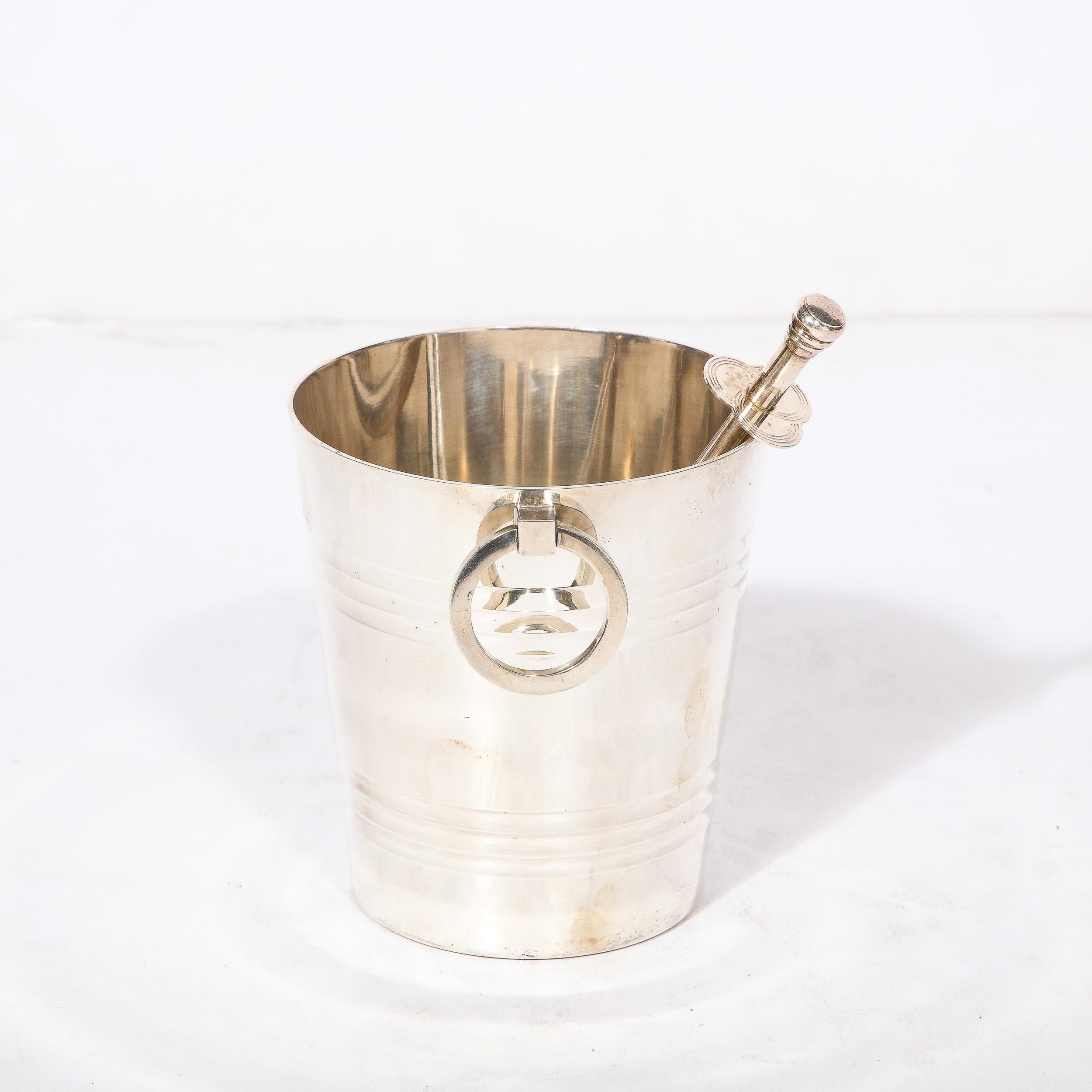 French Art Deco  Silver Plate Ice Pail  with Loop Handles and Ice Cube Tongs
