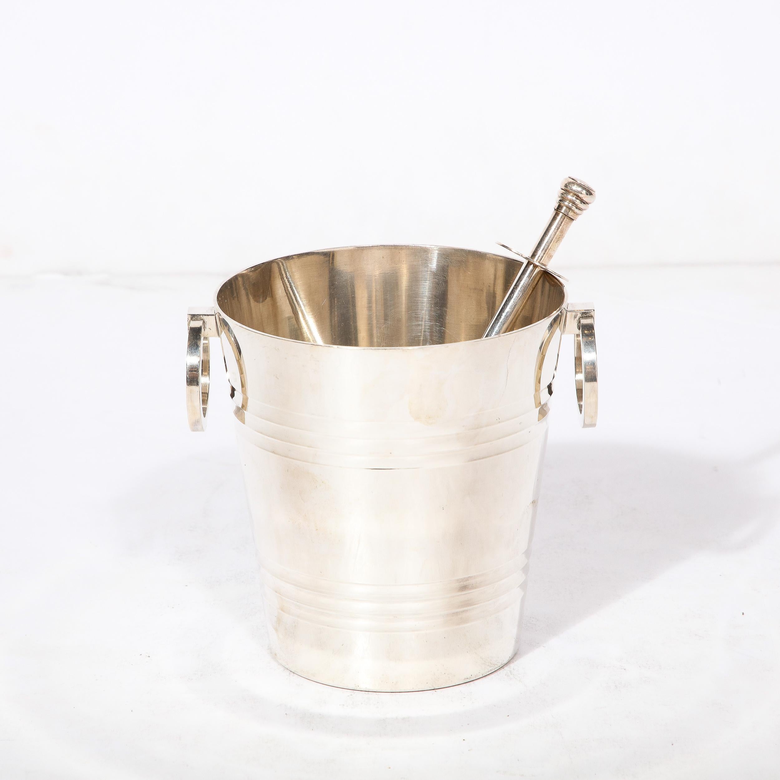 Art Deco  Silver Plate Ice Pail  with Loop Handles and Ice Cube Tongs In Excellent Condition In New York, NY