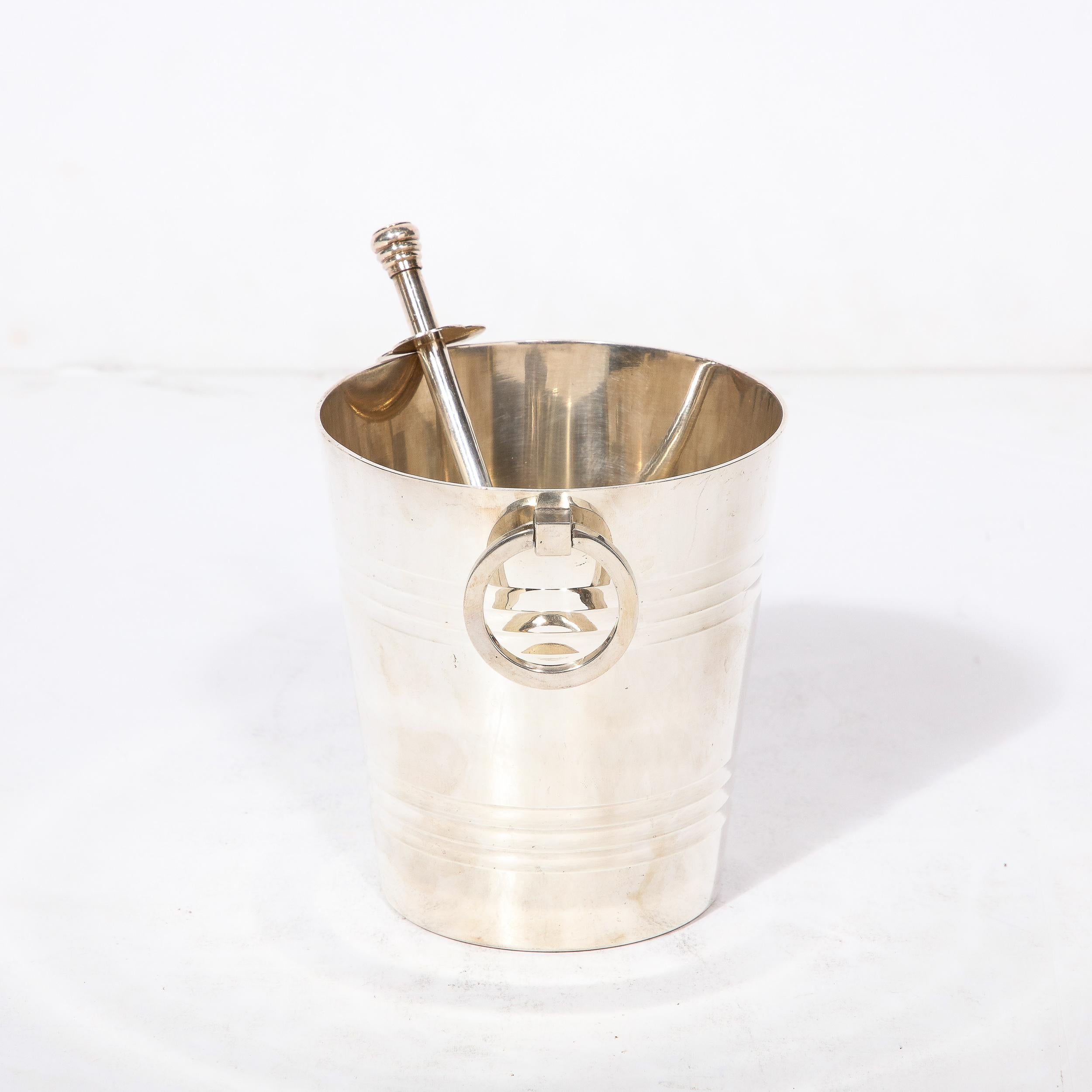 Mid-20th Century Art Deco  Silver Plate Ice Pail  with Loop Handles and Ice Cube Tongs