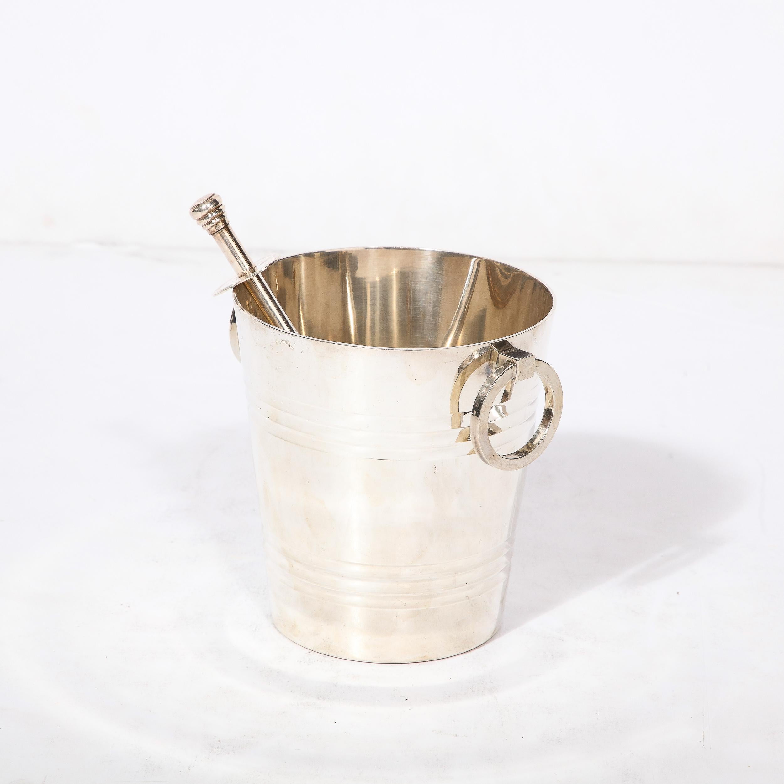 Art Deco  Silver Plate Ice Pail  with Loop Handles and Ice Cube Tongs 1