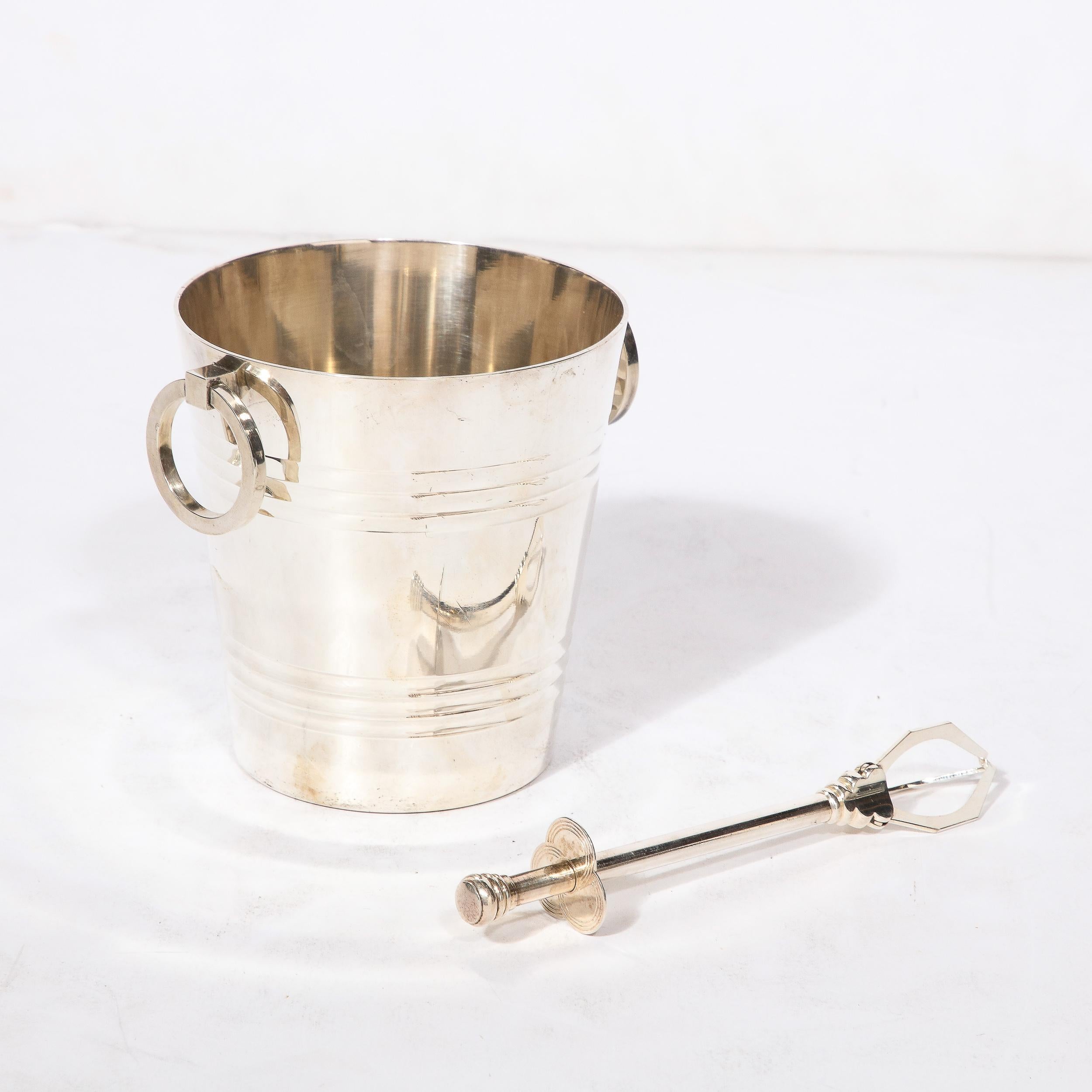 Art Deco  Silver Plate Ice Pail  with Loop Handles and Ice Cube Tongs 2