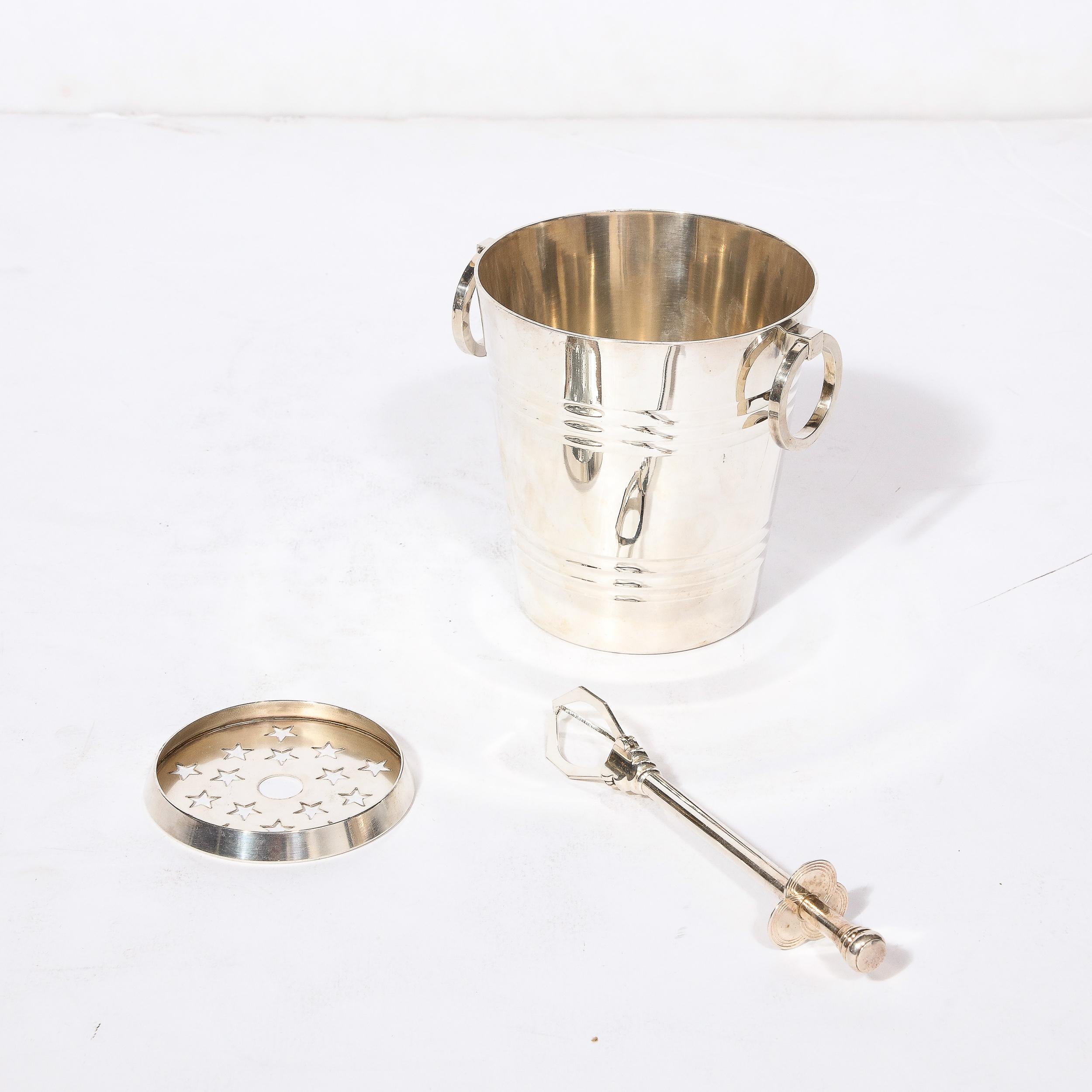 Art Deco  Silver Plate Ice Pail  with Loop Handles and Ice Cube Tongs 3