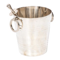 Art Deco  Silver Plate Ice Pail  with Loop Handles and Ice Cube Tongs