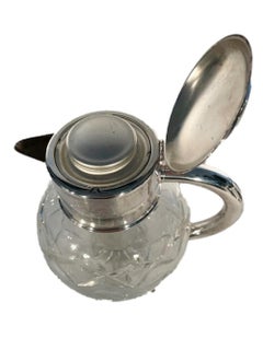 Art Deco Silver-Plate Mounted Cut Glass Pitcher of Ball Form w/Ice Container