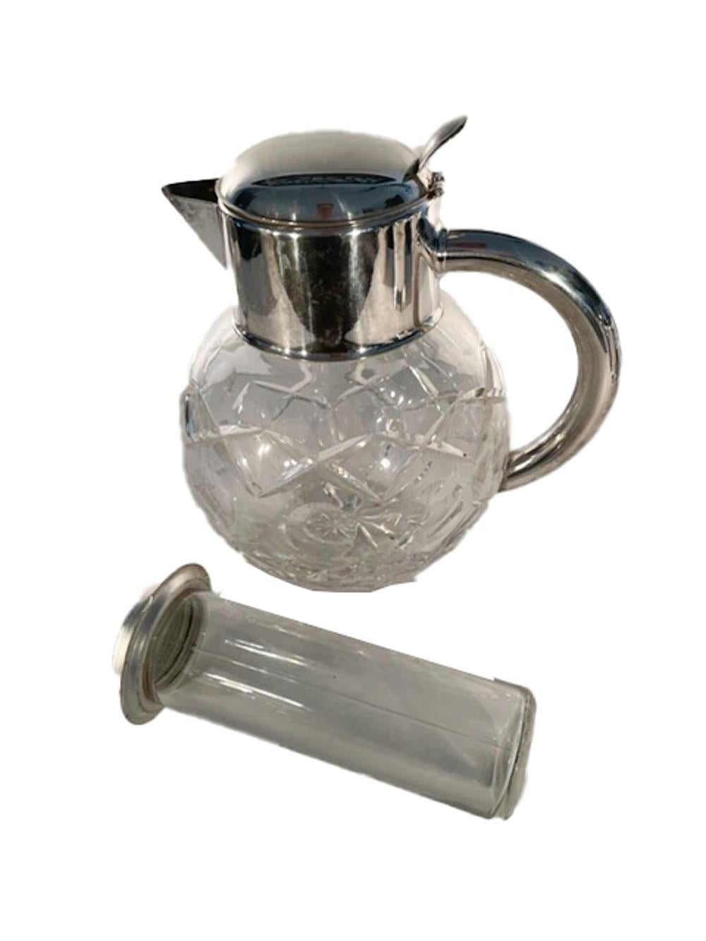 Art Deco Silver-Plate Mounted Cut Glass Pitcher of Ball Form w/Ice Container In Good Condition In Nantucket, MA