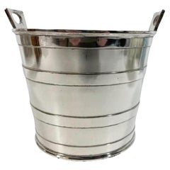 Art Deco Silver Plate Pail-Form Ice Bucket w/Raised Bands & Pierced Lug Handles