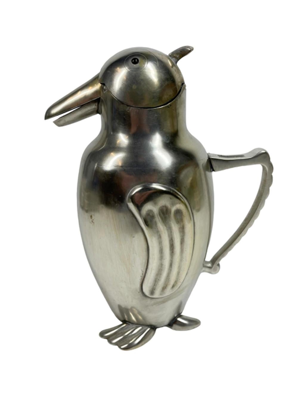 Art Deco Silver Plate Penguin Water / Bar Pitcher w/Mechanical Beak & Glass Eyes For Sale 1