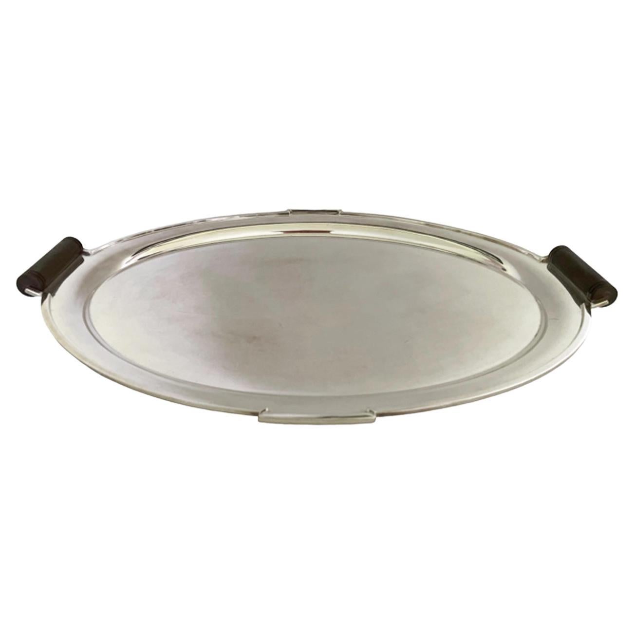 Art Deco Silver Plate Serving Tray of Oval Form with Turned Wood Handles For Sale