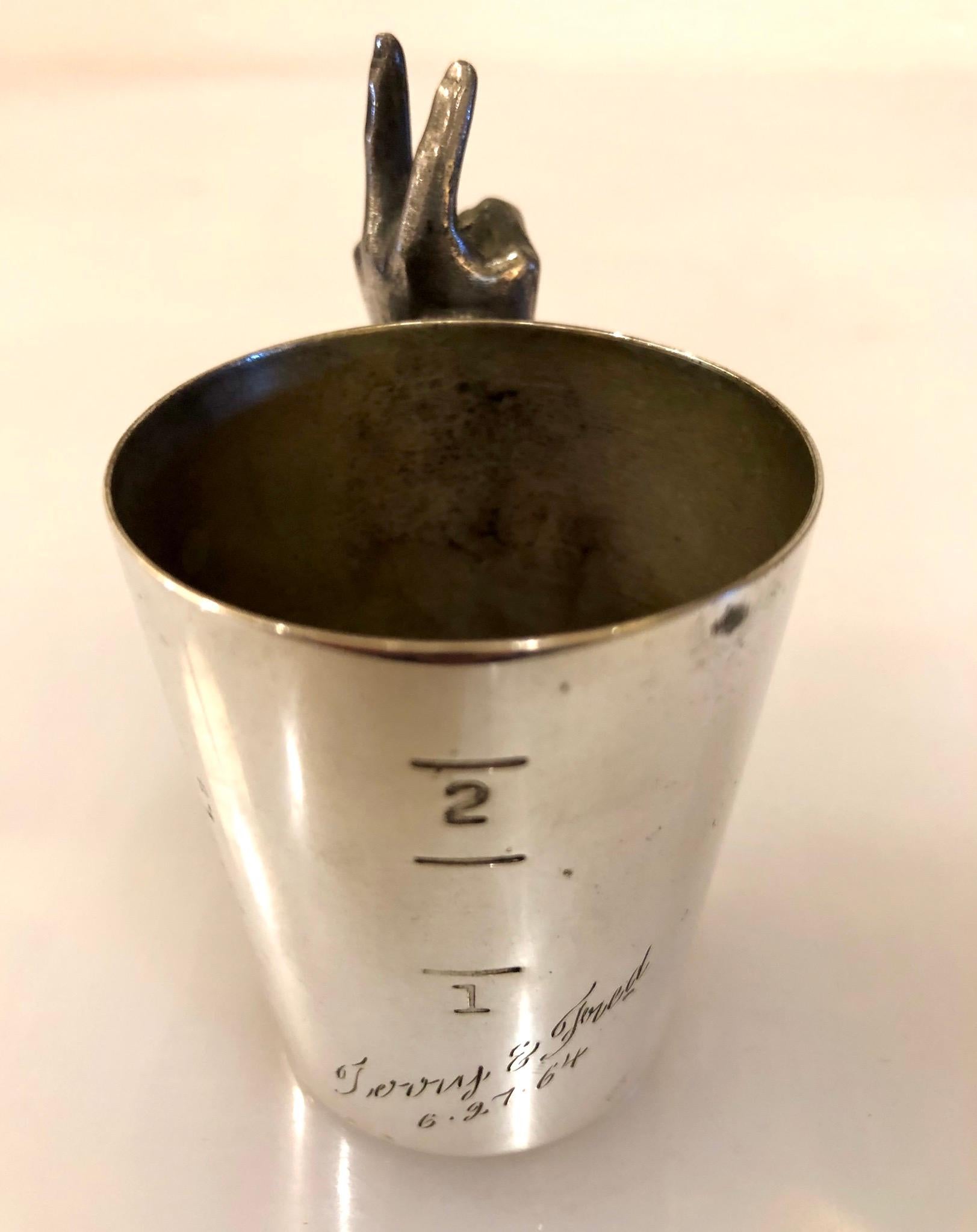 American Art Deco Silver Plate Shot Cup with Peace Sign For Sale