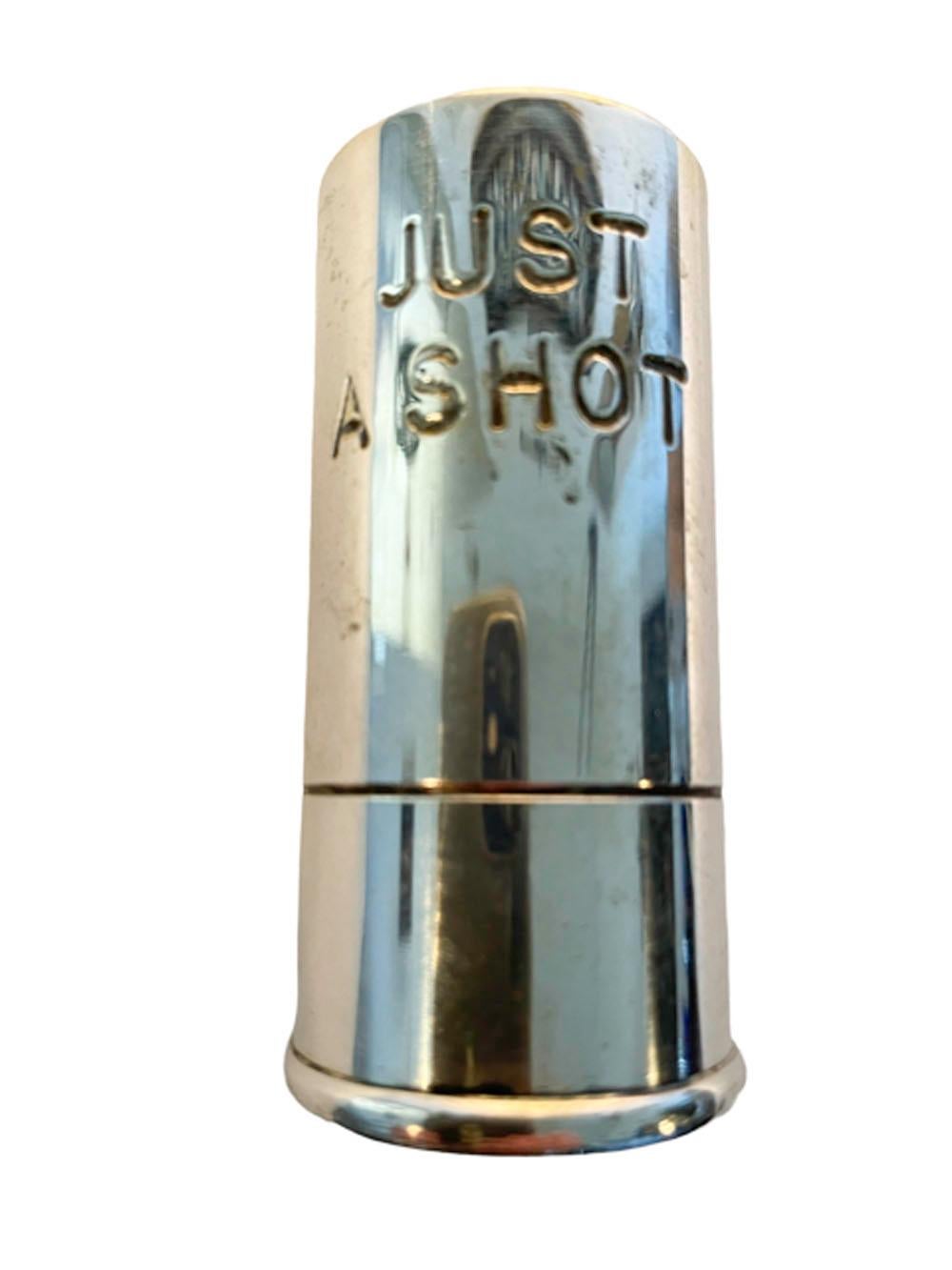 Art Deco silver plate 1.5-ounce jigger by P.H. Vogel & Co. in the form of a shotgun shell inscribed 
