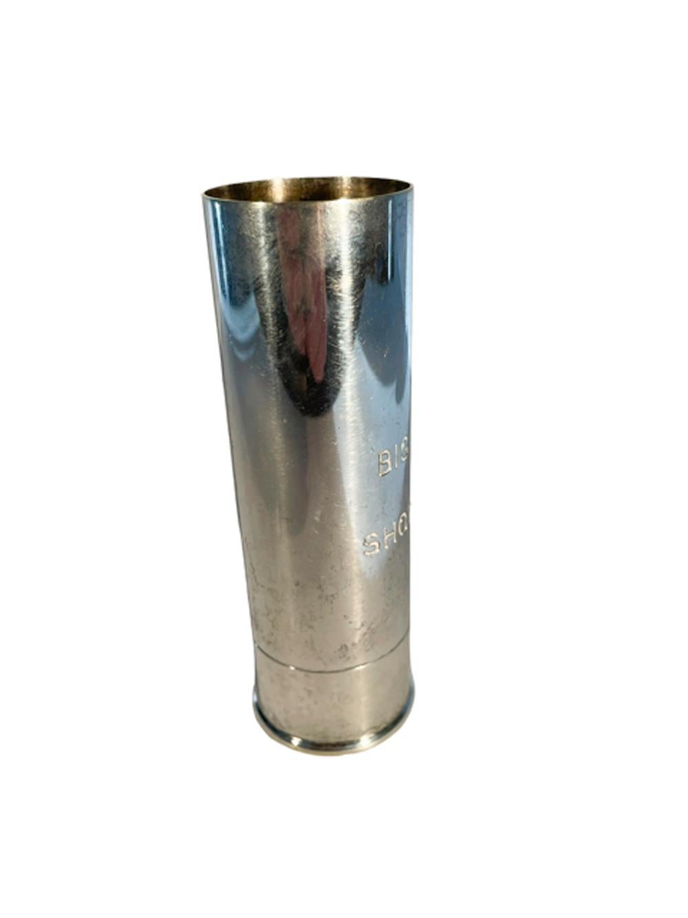 Silver plate Art Deco spirit measure or jigger of unusual 5 once Size made in the form of a shotgun shell with the words 