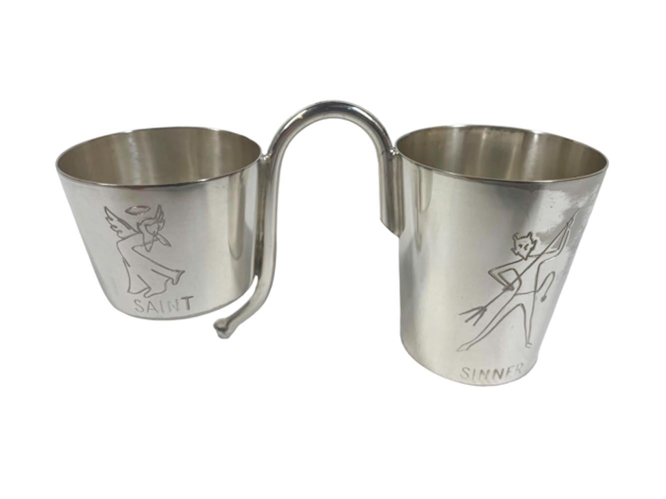 Silver plate double jigger, the large measure incised front and back with a devil above the word 