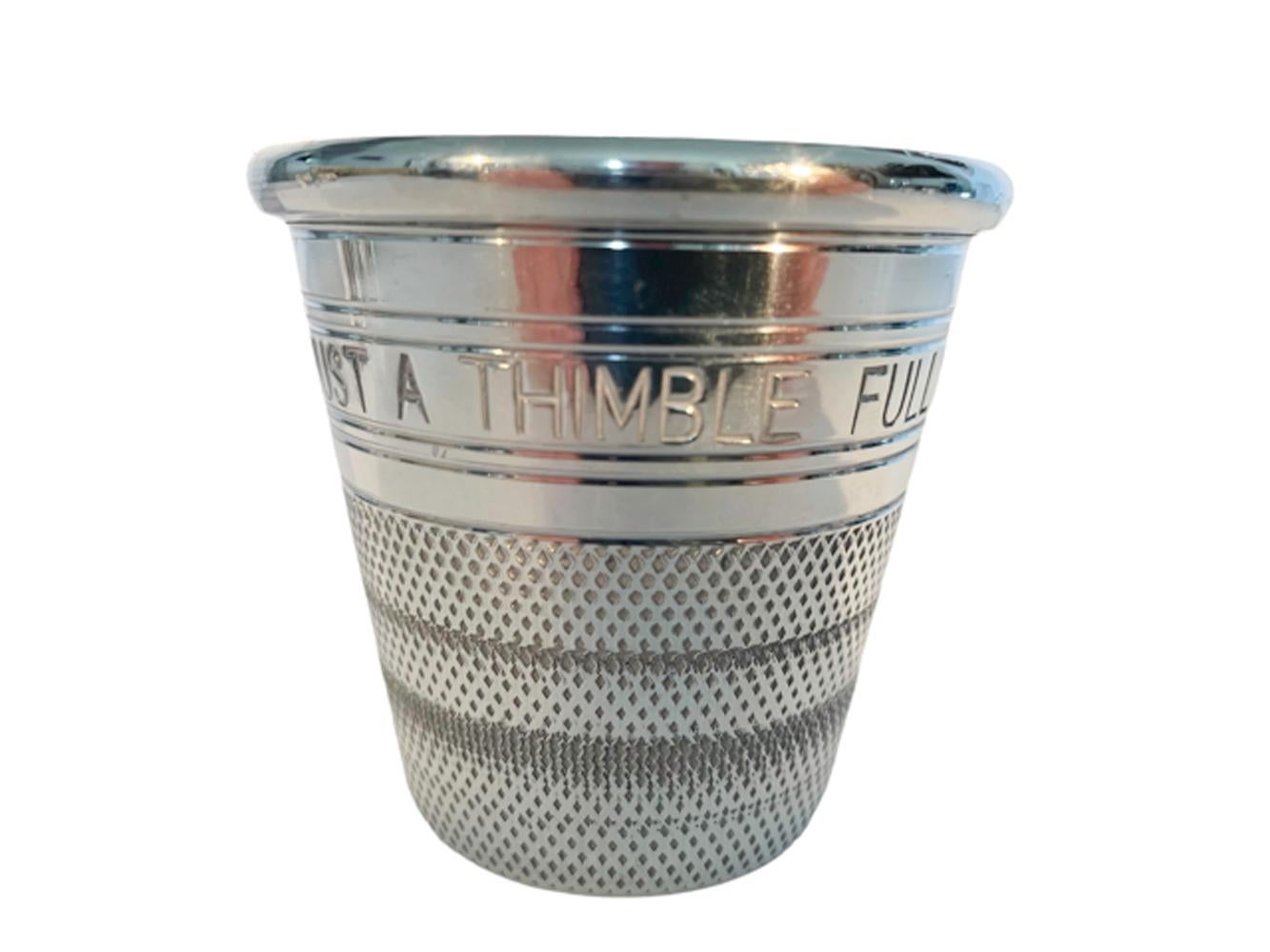 Art Deco Silver Plate Spirit Measure, Thimble Form Engraved Just A Thimble Full In Good Condition In Nantucket, MA
