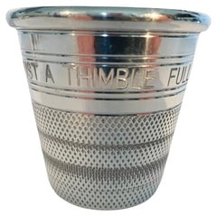 Art Deco Silver Plate Spirit Measure, Thimble Form Engraved Just A Thimble Full