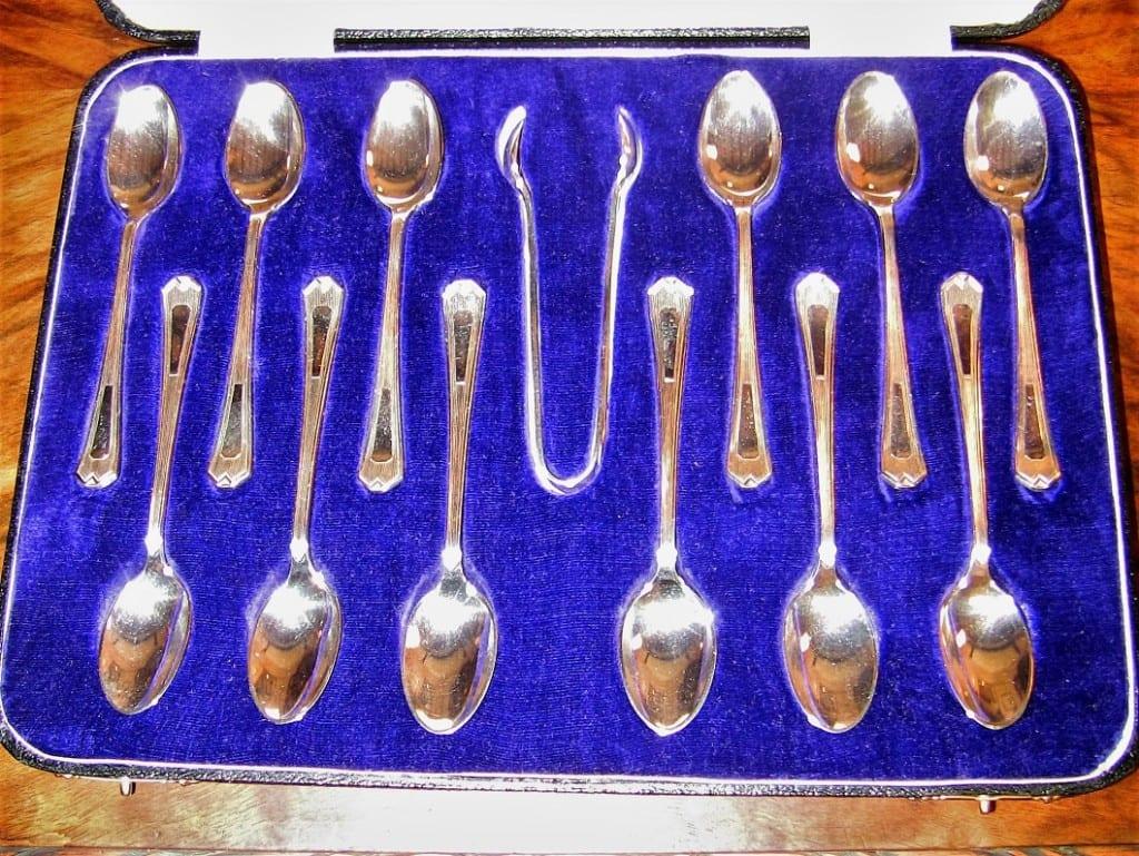 Art Deco Silver Plate Tea Spoon Set, Walker & Hall, Sheffield 8