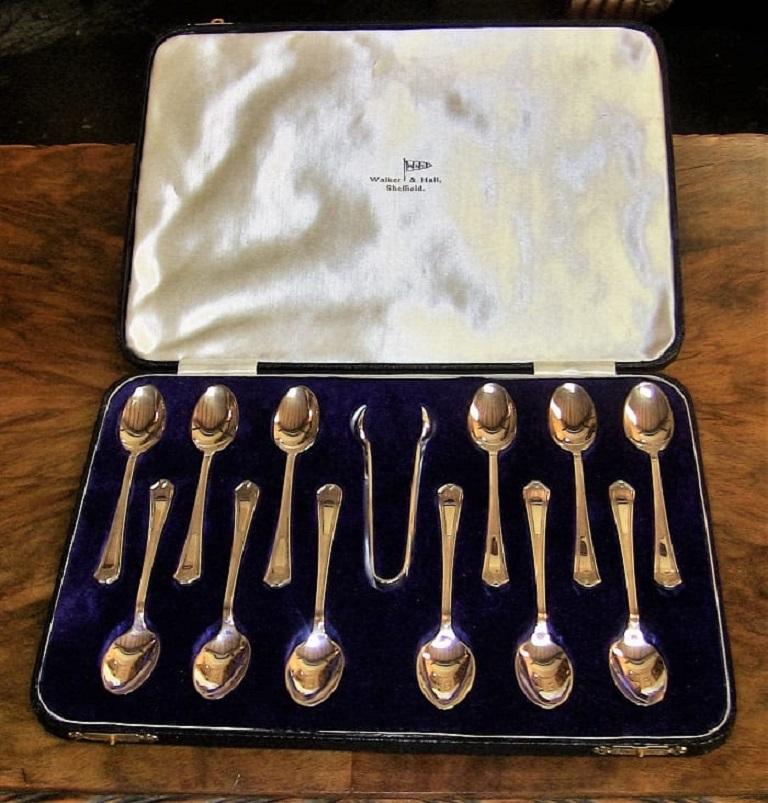 Art Deco Silver Plate Tea Spoon Set, Walker & Hall, Sheffield 9