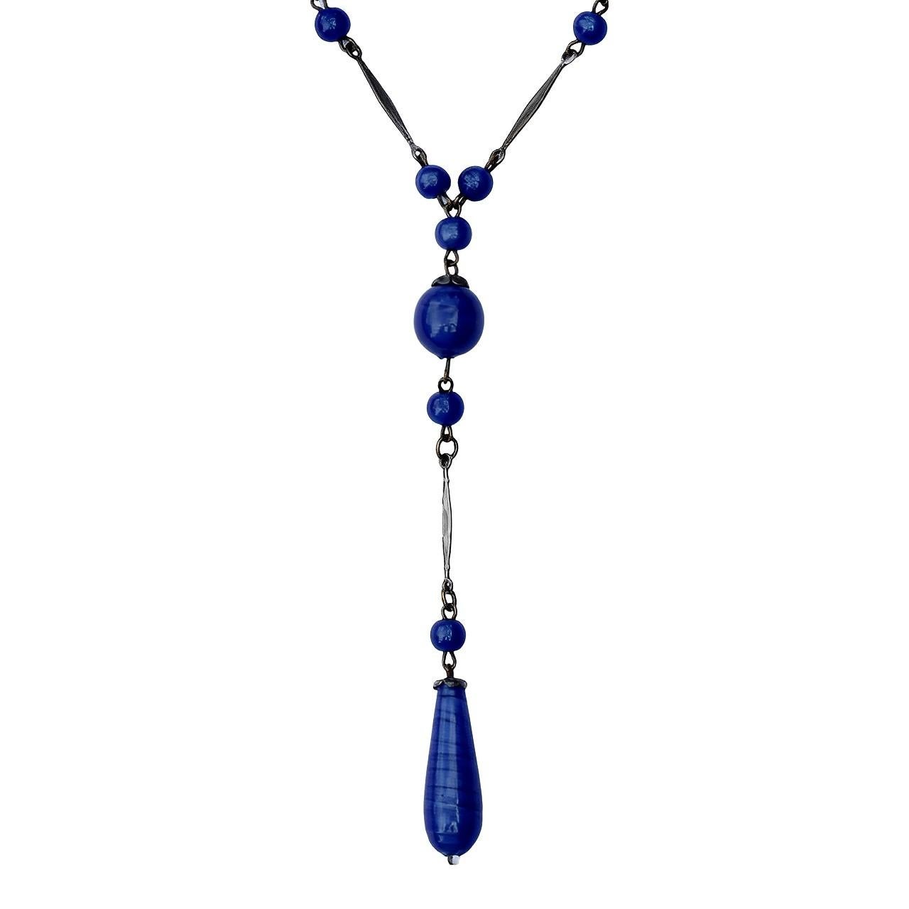 Women's Art Deco Silver Plated and Electric Blue Glass Lavalier Necklace For Sale