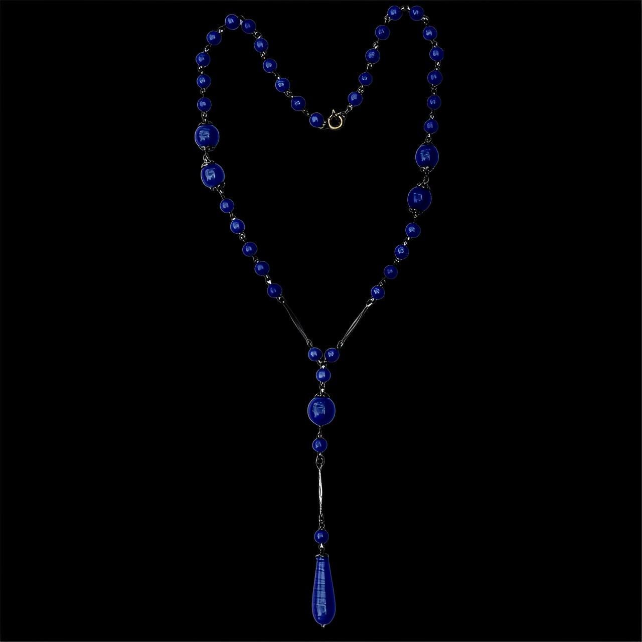 Art Deco Silver Plated and Electric Blue Glass Lavalier Necklace For Sale 3